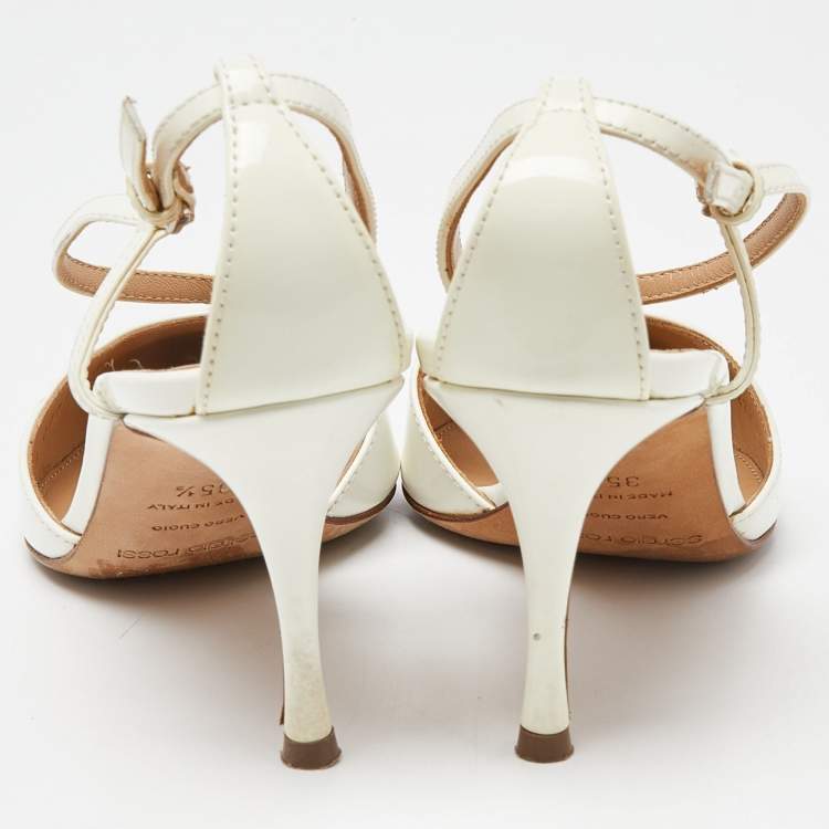 Pre Owned Sergio Rossi White Patent Leather Ankle Strap Pumps Size 35.5
