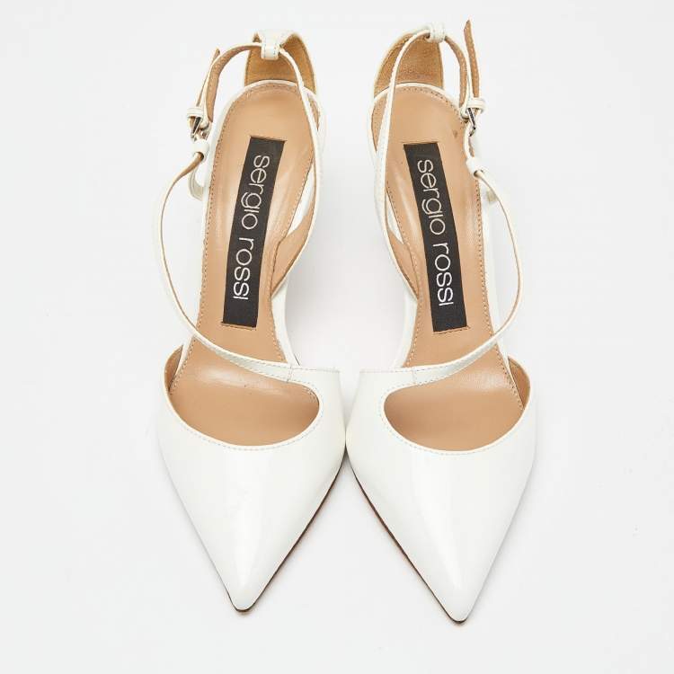 Pre Owned Sergio Rossi White Patent Leather Ankle Strap Pumps Size 35.5