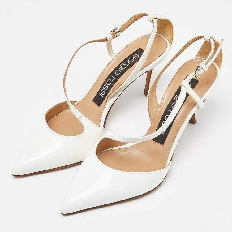 Pre Owned Sergio Rossi White Patent Leather Ankle Strap Pumps Size 35.5