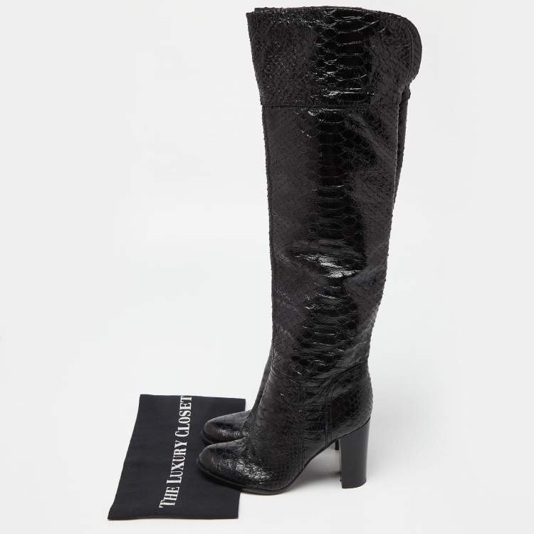 Pre Owned Sergio Rossi Black Snakeskin Embossed Leather Over The Knee Length Boots Size 37