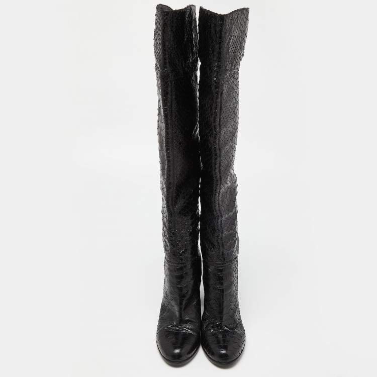 Pre Owned Sergio Rossi Black Snakeskin Embossed Leather Over The Knee Length Boots Size 37