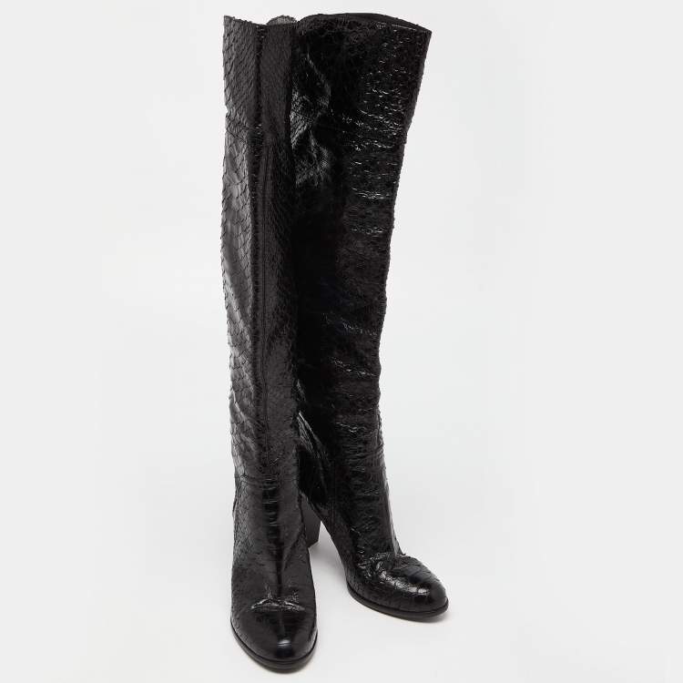 Pre Owned Sergio Rossi Black Snakeskin Embossed Leather Over The Knee Length Boots Size 37