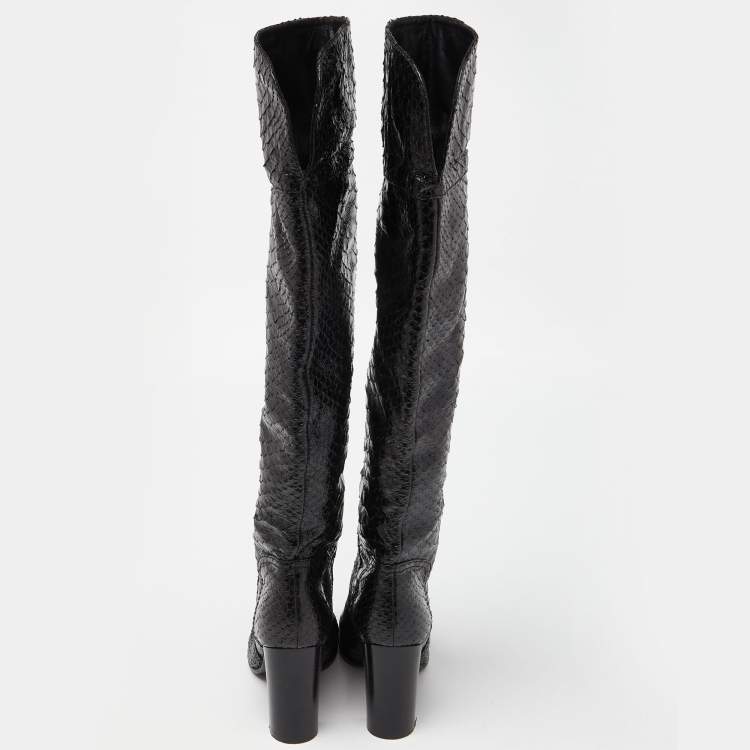 Pre Owned Sergio Rossi Black Snakeskin Embossed Leather Over The Knee Length Boots Size 37