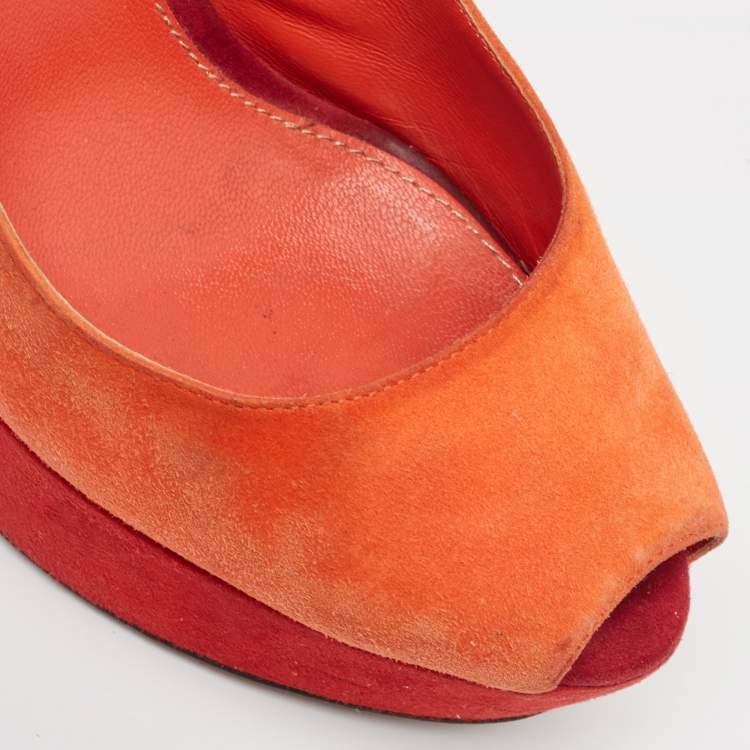 Pre Owned Sergio Rossi Orange Suede Peep Toe Slingback Pumps Size 37.5 