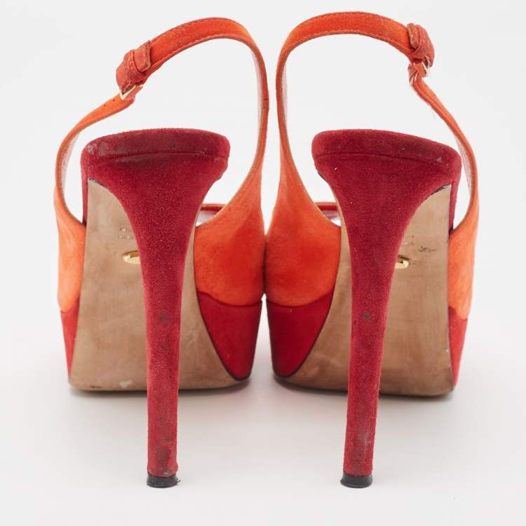 Pre Owned Sergio Rossi Orange Suede Peep Toe Slingback Pumps Size 37.5 