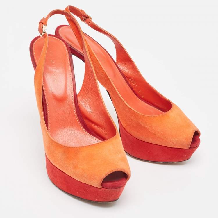 Pre Owned Sergio Rossi Orange Suede Peep Toe Slingback Pumps Size 37.5 