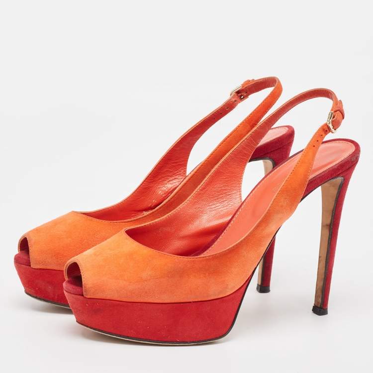 Pre Owned Sergio Rossi Orange Suede Peep Toe Slingback Pumps Size 37.5 