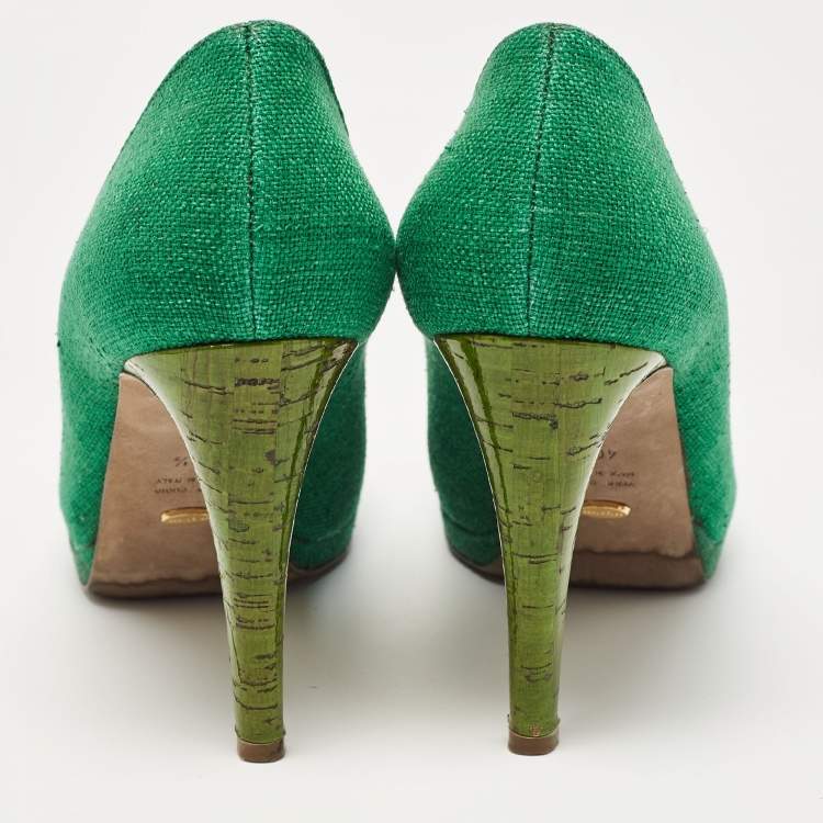 Pre Owned Sergio Rossi Green Canvas Platform Pumps Size 40.5
