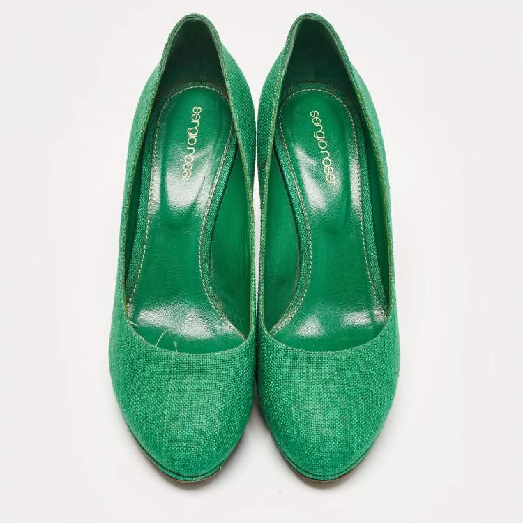Pre Owned Sergio Rossi Green Canvas Platform Pumps Size 40.5