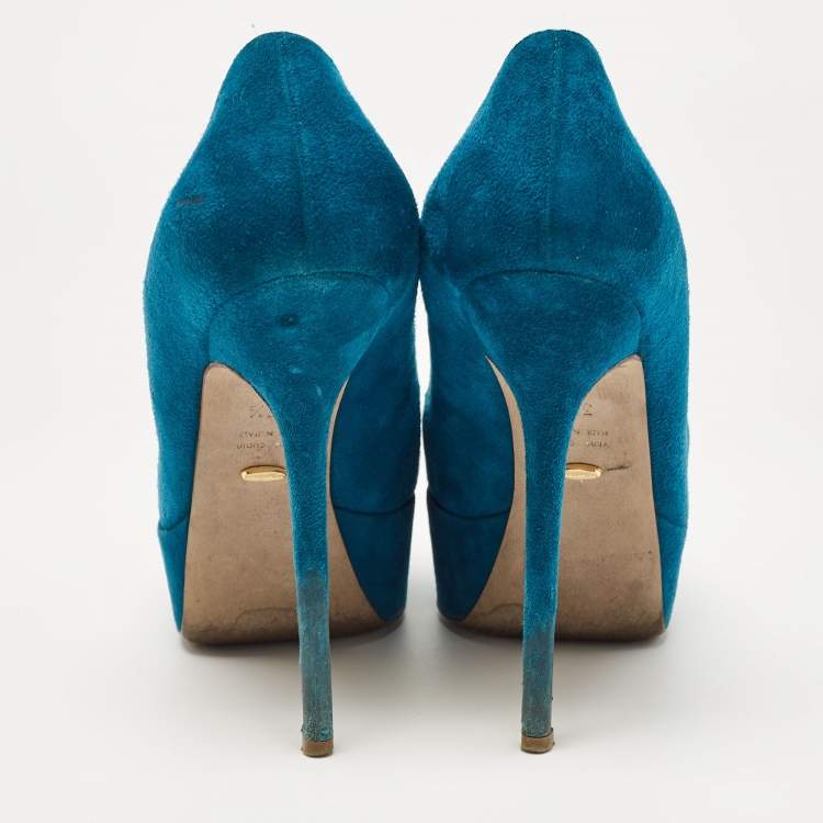 Pre Owned Sergio Rossi Blue Suede Peep Toe Platform Pumps Size 37.5