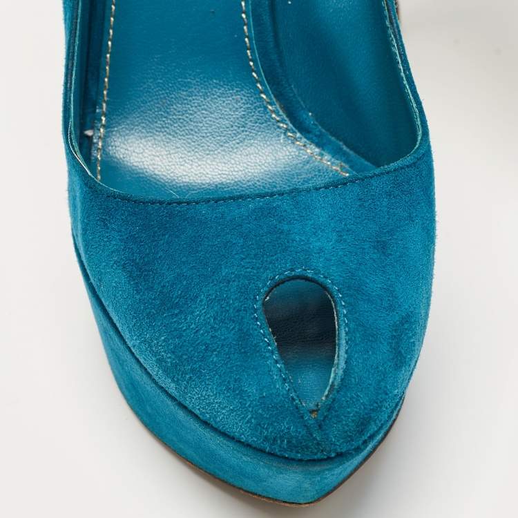 Pre Owned Sergio Rossi Blue Suede Peep Toe Platform Pumps Size 37.5