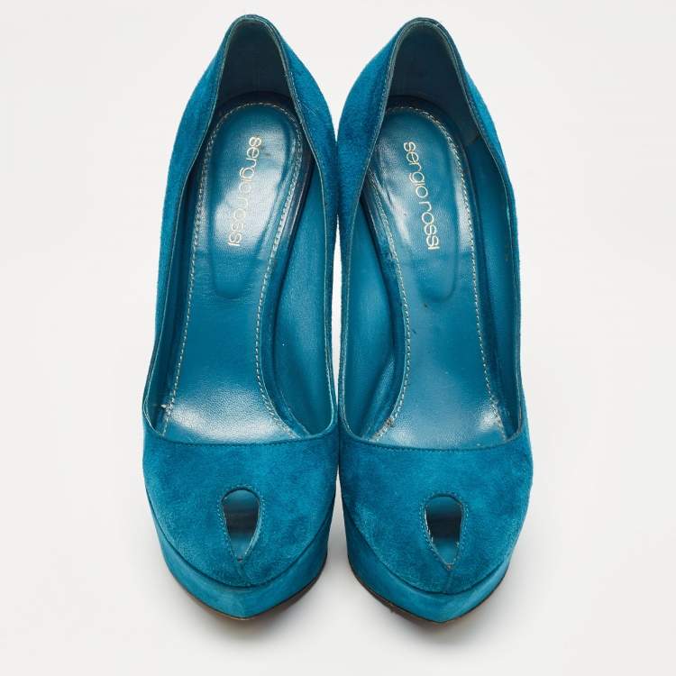 Pre Owned Sergio Rossi Blue Suede Peep Toe Platform Pumps Size 37.5