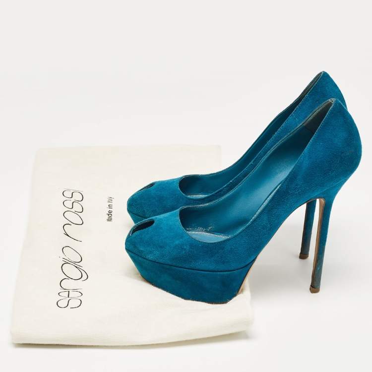 Pre Owned Sergio Rossi Blue Suede Peep Toe Platform Pumps Size 37.5