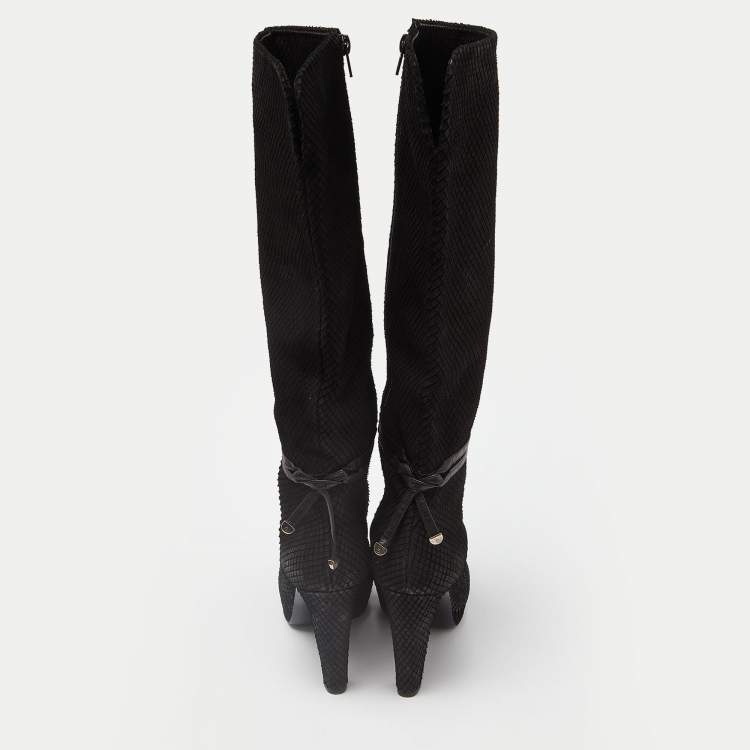 Pre Owned Sergio Rossi Black Snakeskin Embossed Leather Platform Knee Length Boots Size 38.5