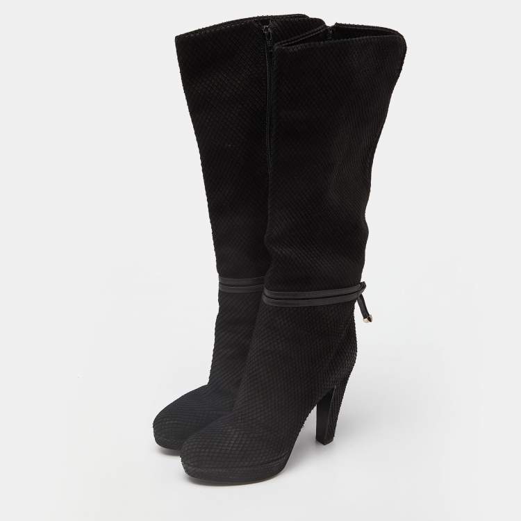 Pre Owned Sergio Rossi Black Snakeskin Embossed Leather Platform Knee Length Boots Size 38.5