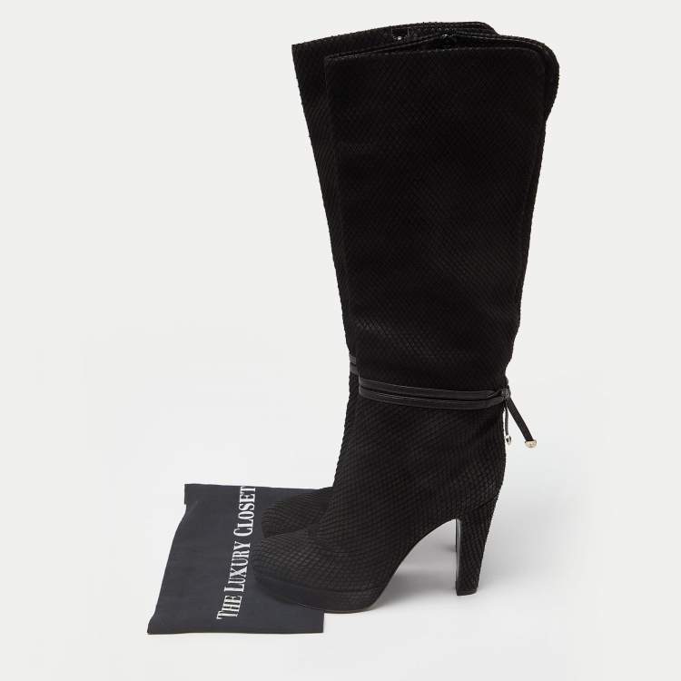 Pre Owned Sergio Rossi Black Snakeskin Embossed Leather Platform Knee Length Boots Size 38.5