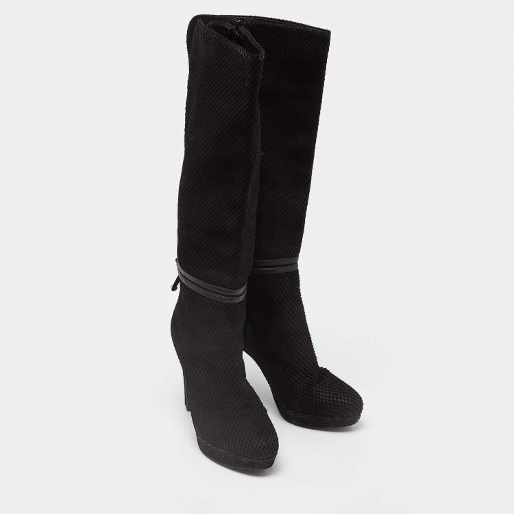 Pre Owned Sergio Rossi Black Snakeskin Embossed Leather Platform Knee Length Boots Size 38.5