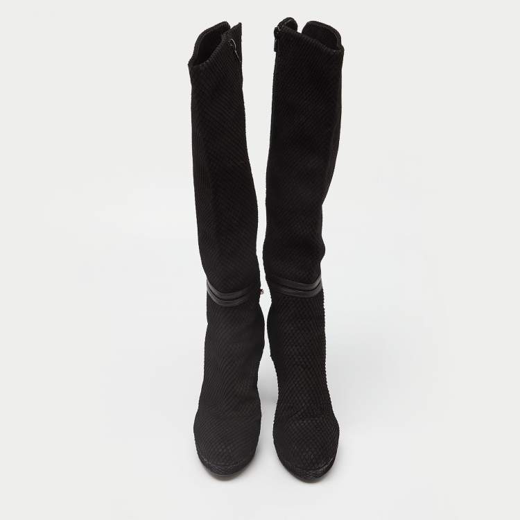 Pre Owned Sergio Rossi Black Snakeskin Embossed Leather Platform Knee Length Boots Size 38.5