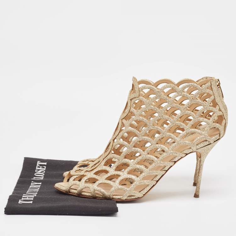 Pre Owned Sergio Rossi Gold Glitter Cut Out Sandals Size 41