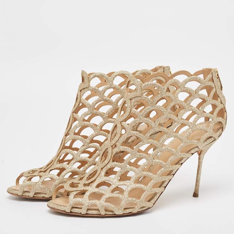 Pre Owned Sergio Rossi Gold Glitter Cut Out Sandals Size 41