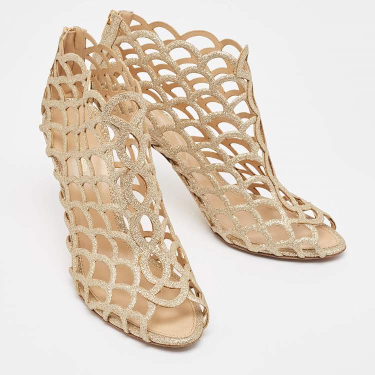 Pre Owned Sergio Rossi Gold Glitter Cut Out Sandals Size 41