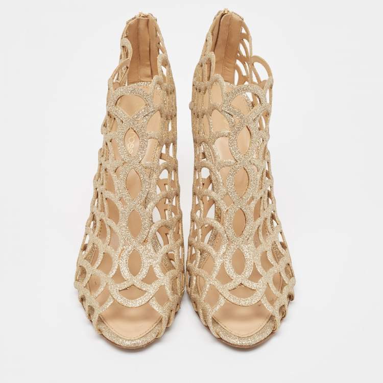 Pre Owned Sergio Rossi Gold Glitter Cut Out Sandals Size 41