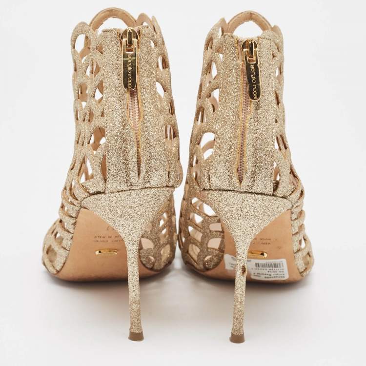 Pre Owned Sergio Rossi Gold Glitter Cut Out Sandals Size 41