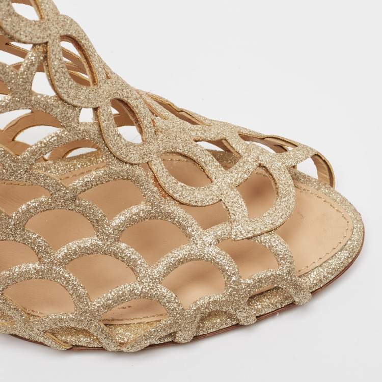 Pre Owned Sergio Rossi Gold Glitter Cut Out Sandals Size 41