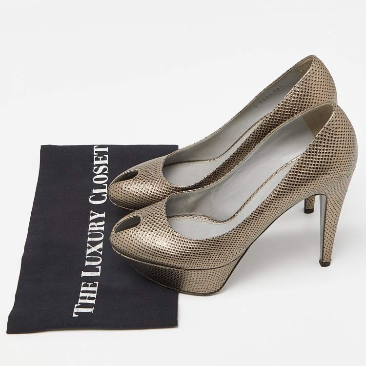 Pre Owned Sergio Rossi Grey Lizard Embossed Leather Peep Toe Platform Pumps Size 38.5