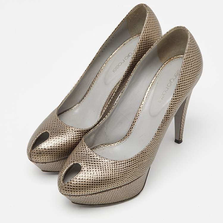 Pre Owned Sergio Rossi Grey Lizard Embossed Leather Peep Toe Platform Pumps Size 38.5
