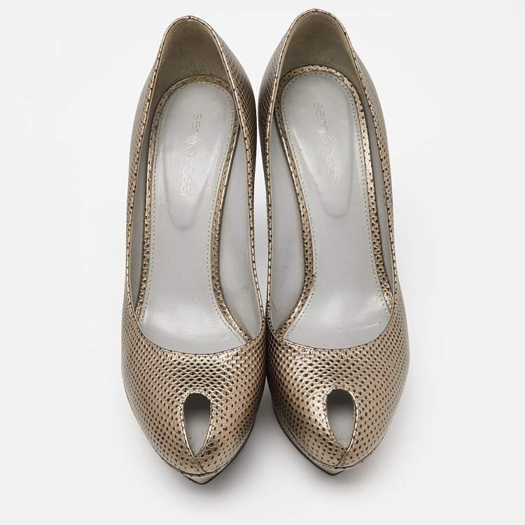 Pre Owned Sergio Rossi Grey Lizard Embossed Leather Peep Toe Platform Pumps Size 38.5