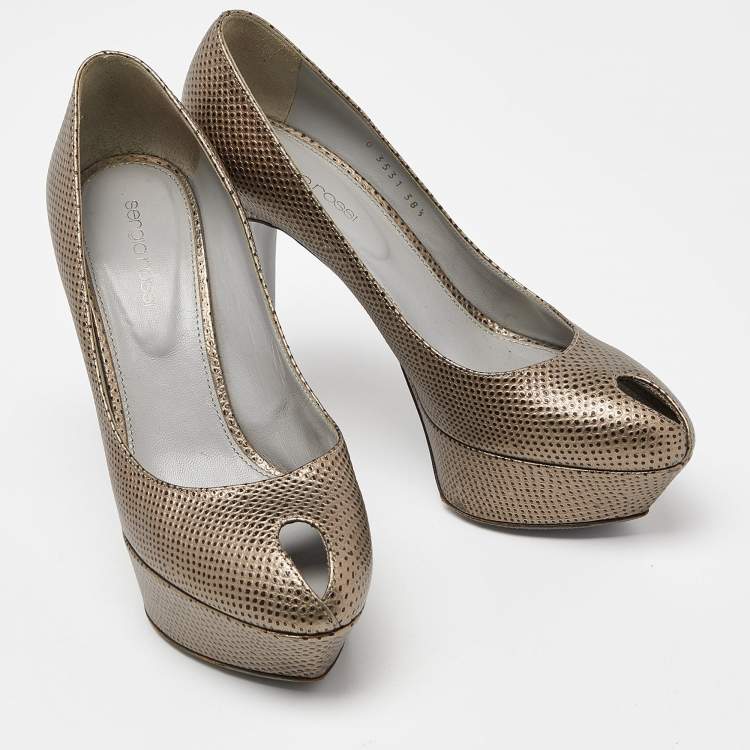 Pre Owned Sergio Rossi Grey Lizard Embossed Leather Peep Toe Platform Pumps Size 38.5