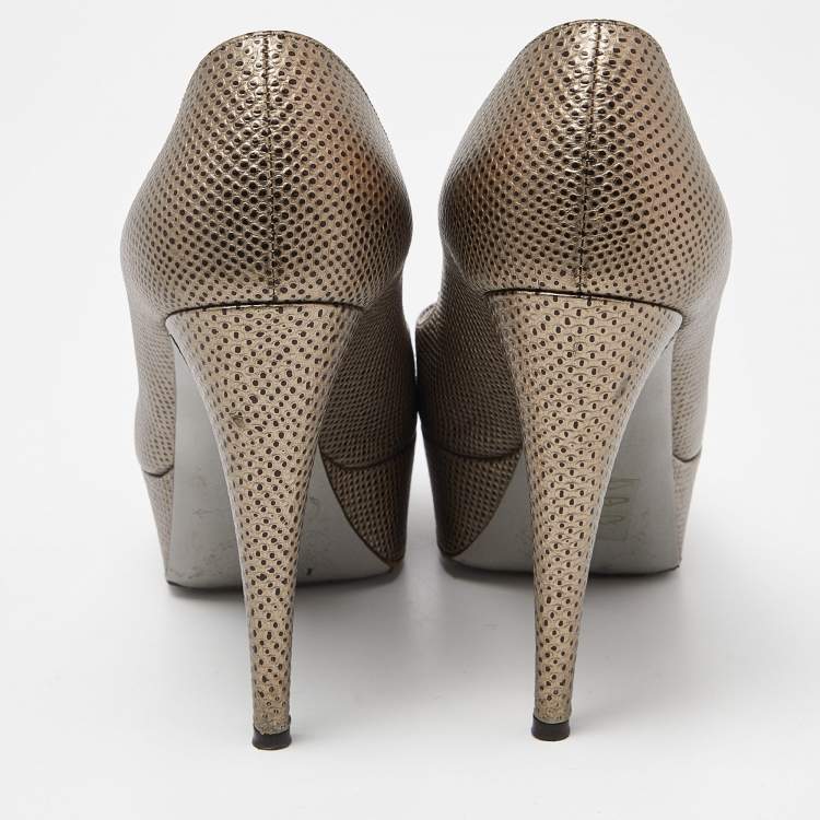 Pre Owned Sergio Rossi Grey Lizard Embossed Leather Peep Toe Platform Pumps Size 38.5