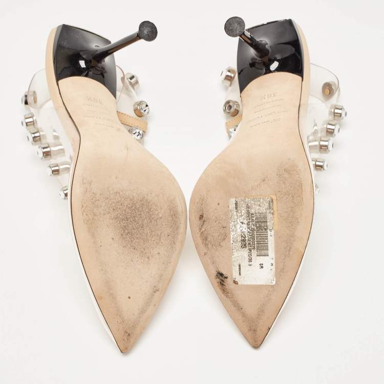 Pre Owned Sergio Rossi Beige/Transparent PVC Crystal Embellished Slingback Pumps Size 38.5