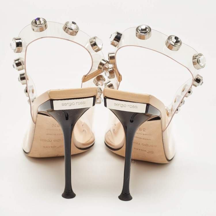 Pre Owned Sergio Rossi Beige/Transparent PVC Crystal Embellished Slingback Pumps Size 38.5