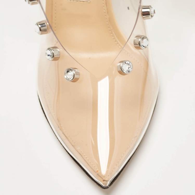 Pre Owned Sergio Rossi Beige/Transparent PVC Crystal Embellished Slingback Pumps Size 38.5