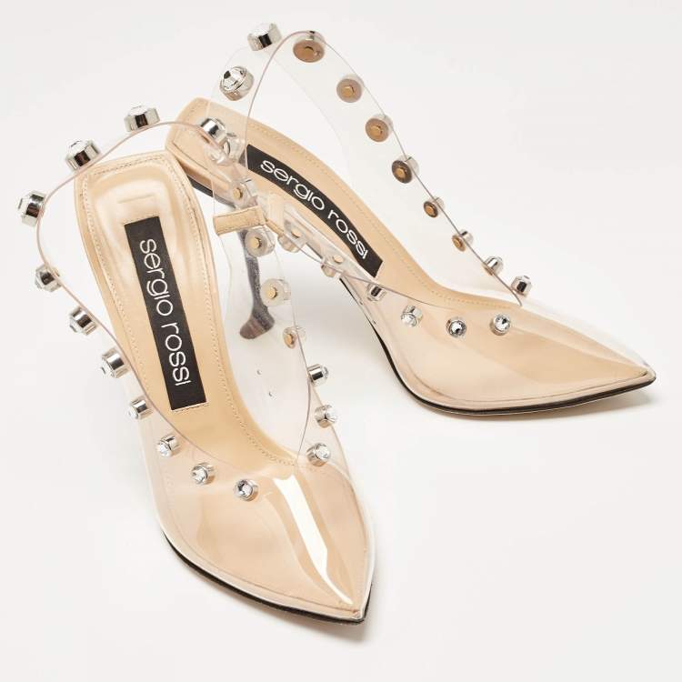 Pre Owned Sergio Rossi Beige/Transparent PVC Crystal Embellished Slingback Pumps Size 38.5