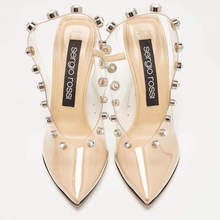 Pre Owned Sergio Rossi Beige/Transparent PVC Crystal Embellished Slingback Pumps Size 38.5