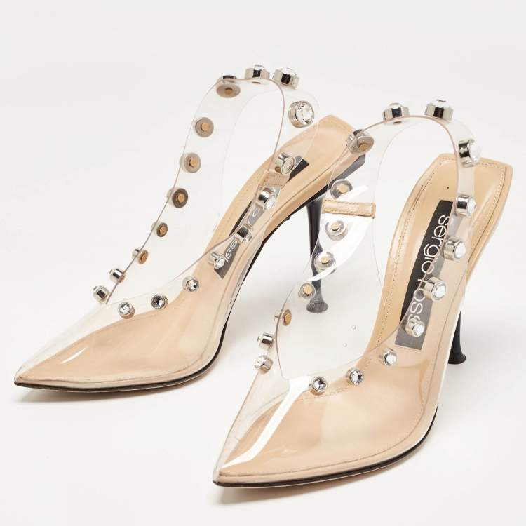 Pre Owned Sergio Rossi Beige/Transparent PVC Crystal Embellished Slingback Pumps Size 38.5