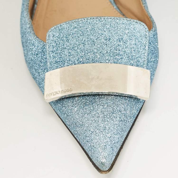 Pre Owned Sergio Rossi Light Blue Glitter Ballet Flats Size 39.5