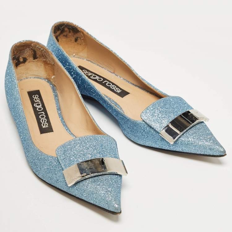 Pre Owned Sergio Rossi Light Blue Glitter Ballet Flats Size 39.5