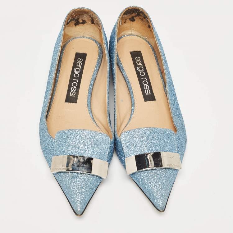 Pre Owned Sergio Rossi Light Blue Glitter Ballet Flats Size 39.5