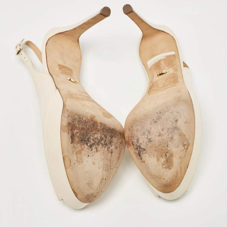Pre Owned Sergio Rossi Cream Patent Peep Toe Platform Slingback Pumps Size 38