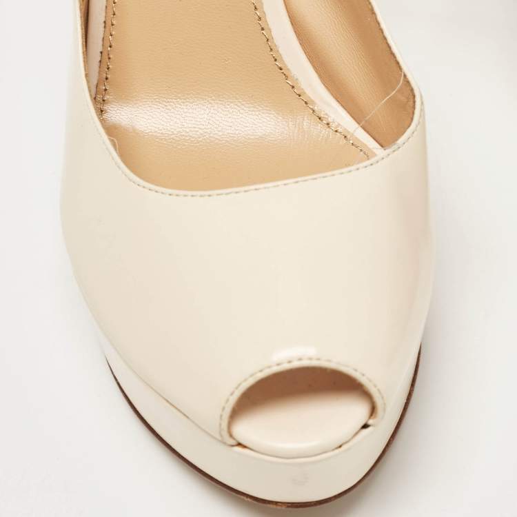 Pre Owned Sergio Rossi Cream Patent Peep Toe Platform Slingback Pumps Size 38