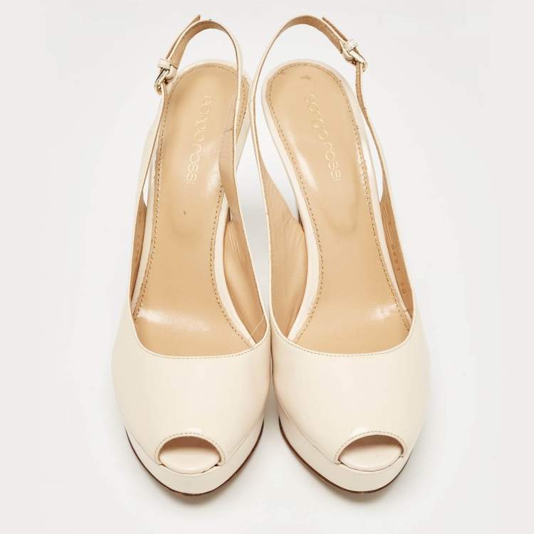 Pre Owned Sergio Rossi Cream Patent Peep Toe Platform Slingback Pumps Size 38