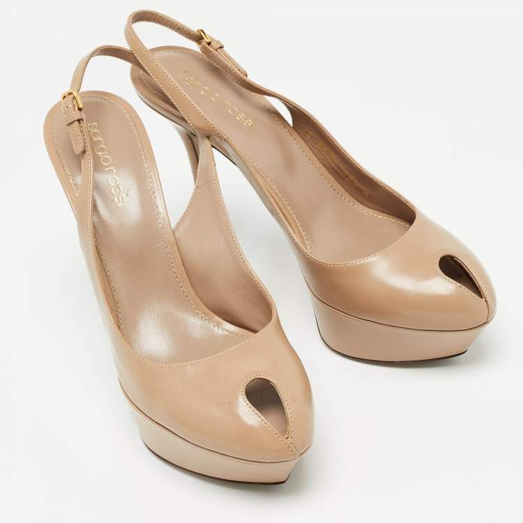 Pre Owned Sergio Rossi Beige Leather Peep Toe Slingback Pumps Size 38.5    
