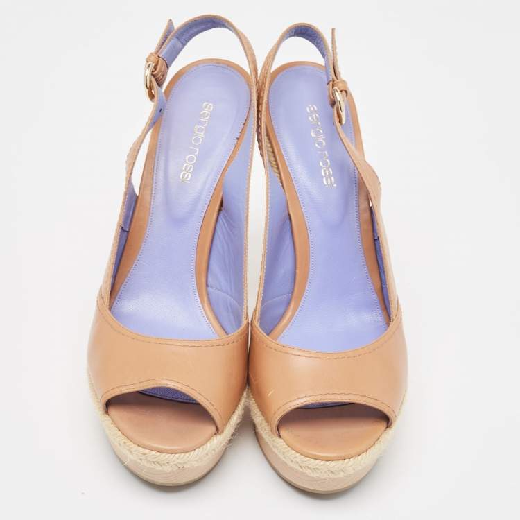 Pre Owned Sergio Rossi Brown Leather Platform Slingback Sandals Size 38.5