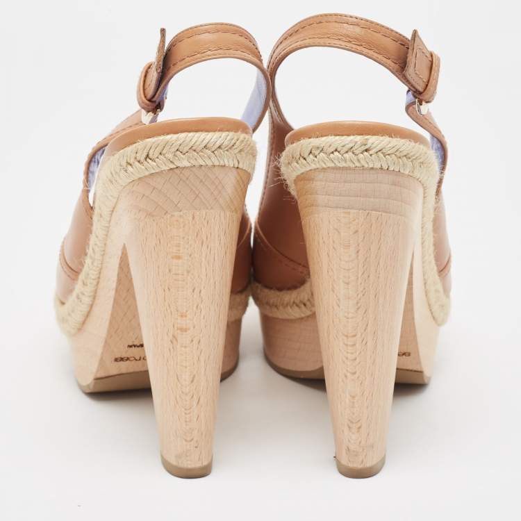 Pre Owned Sergio Rossi Brown Leather Platform Slingback Sandals Size 38.5