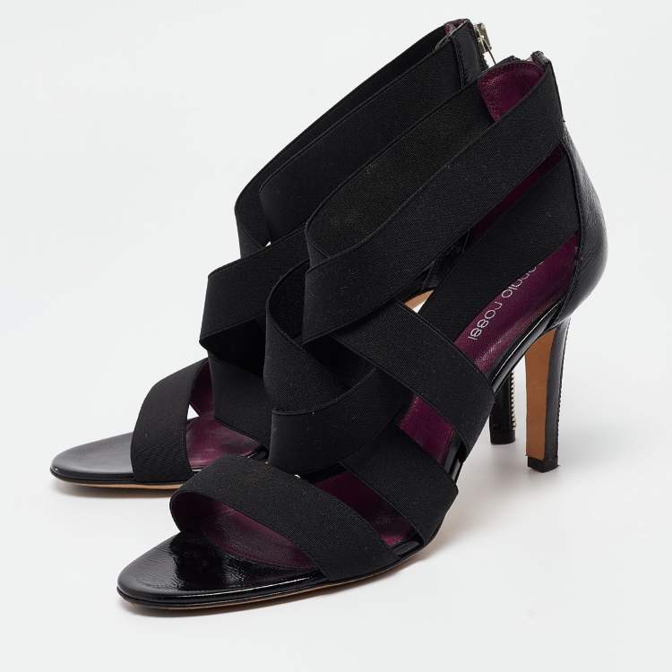 Pre Owned Sergio Rossi Black Leather and Elastic Strappy Sandals Size 39