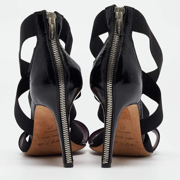 Pre Owned Sergio Rossi Black Leather and Elastic Strappy Sandals Size 39